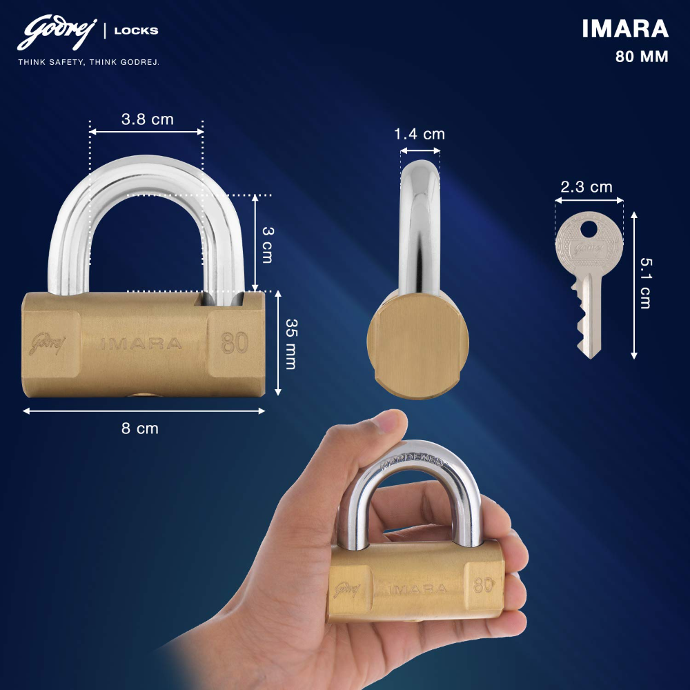 Godrej Locks I Godrej Imara 80 mm I 3 Keys I For Shutters, Grills & Main Doors I Brass Finish | 1 Years Warranty